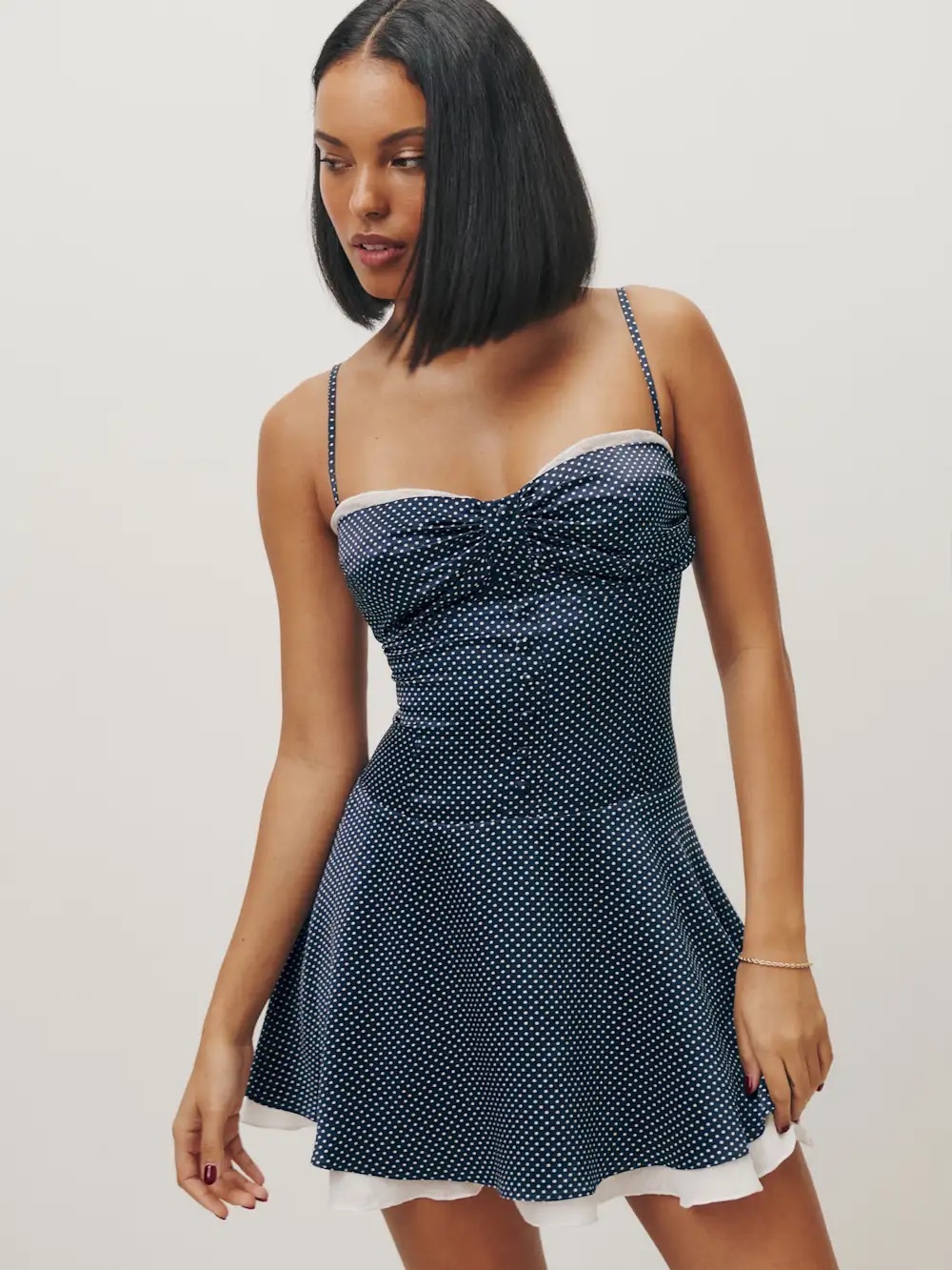 Reformation Navy Polka Dot Spaghetti Strap Mini Dress